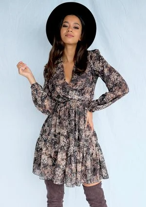 Kopertowa sukienka z szyfonu Brown print
