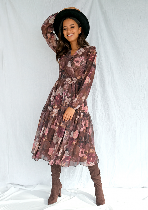 Szyfonowa sukienka midi w kwiaty Brązowa