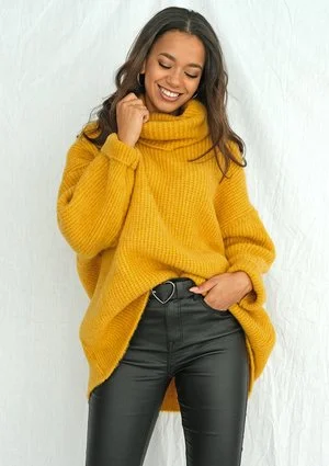 Sweter z golfem oversize A007 Musztardowy ILM