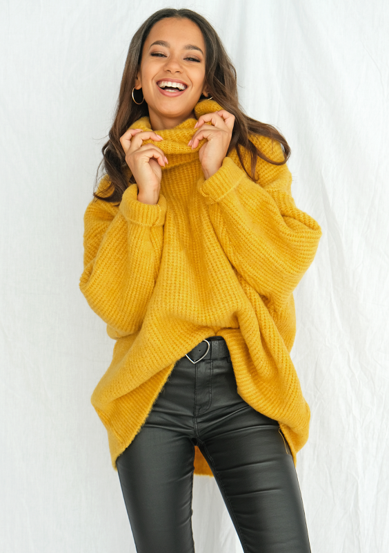 Sweter z golfem oversize A007 Musztardowy ILM