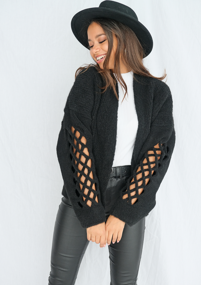 Kardigan z ażurowym rękawem Czarny ILM