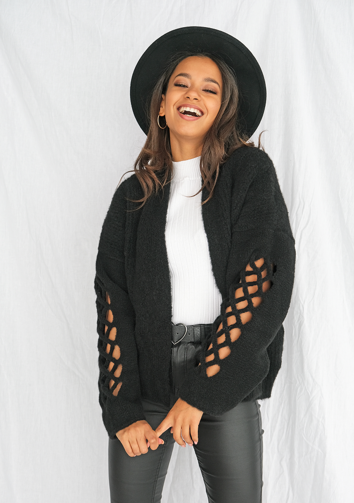 Kardigan z ażurowym rękawem Czarny ILM