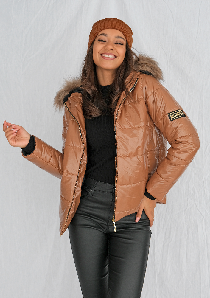 Kurtka pikowana ze sztucznym futrem karmelowa ILM