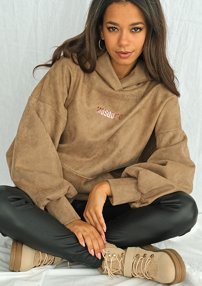 Bluza z kapturem imitacja zamszu beżowa