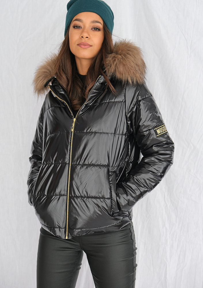 Kurtka pikowana ze sztucznym futrem czarna ILM