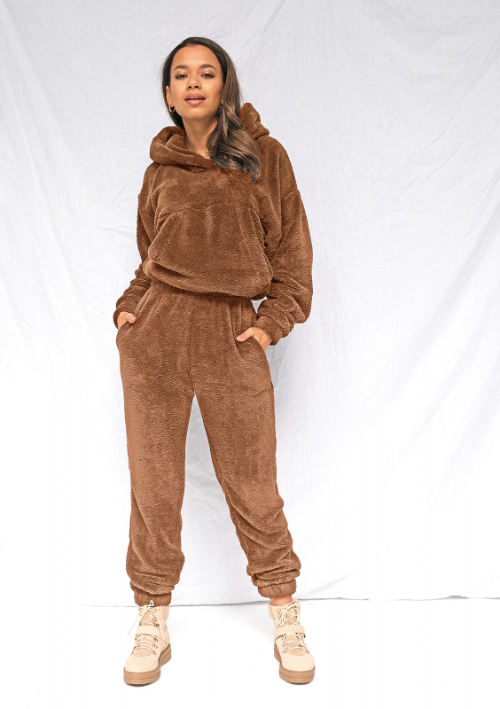 Bluza kangurka z dzianiny Teddy karmelowa