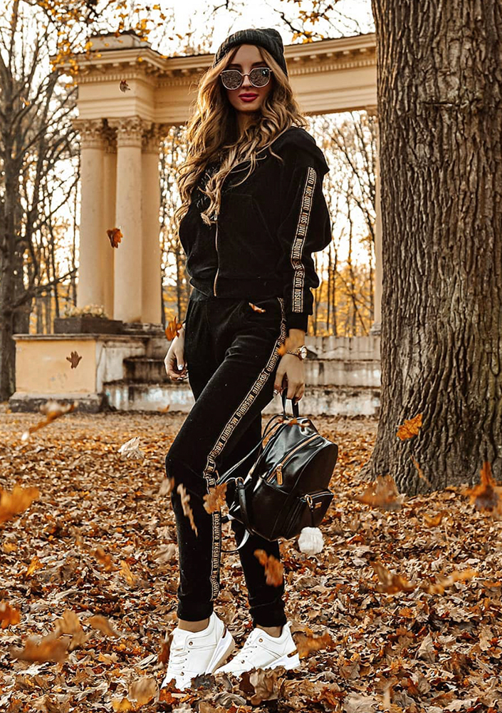 Rozpinana bluza z weluru gold logo strips czarna ILM