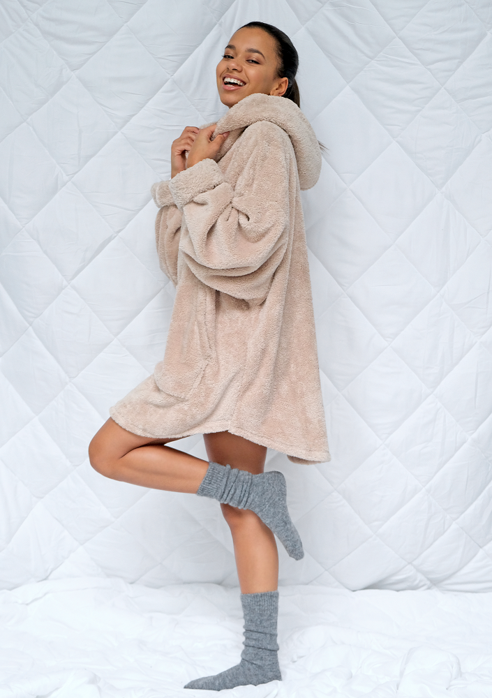 Tunika z kapturem Oversize Teddy beżowa ILM