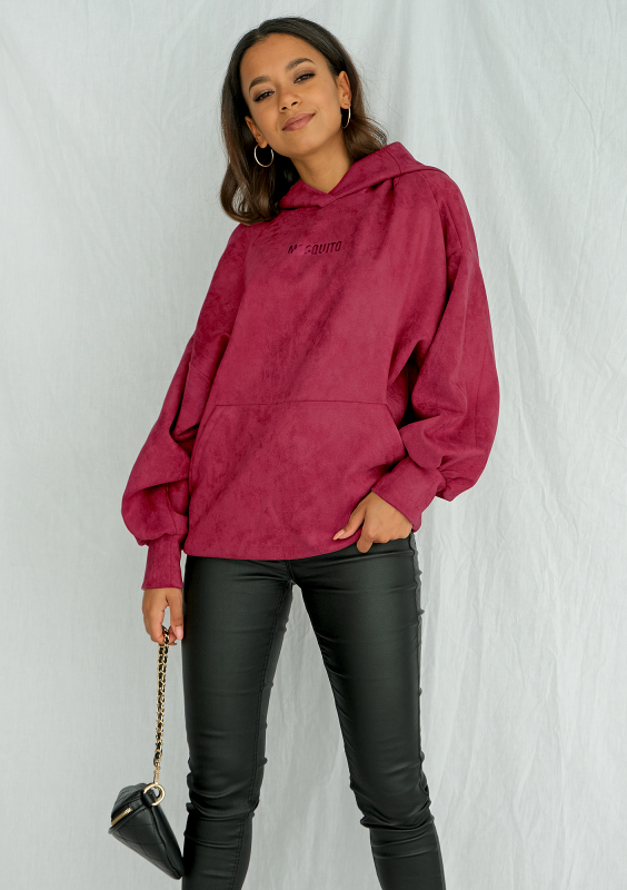 Bluza damska z kapturem imitacja zamszu Bordo