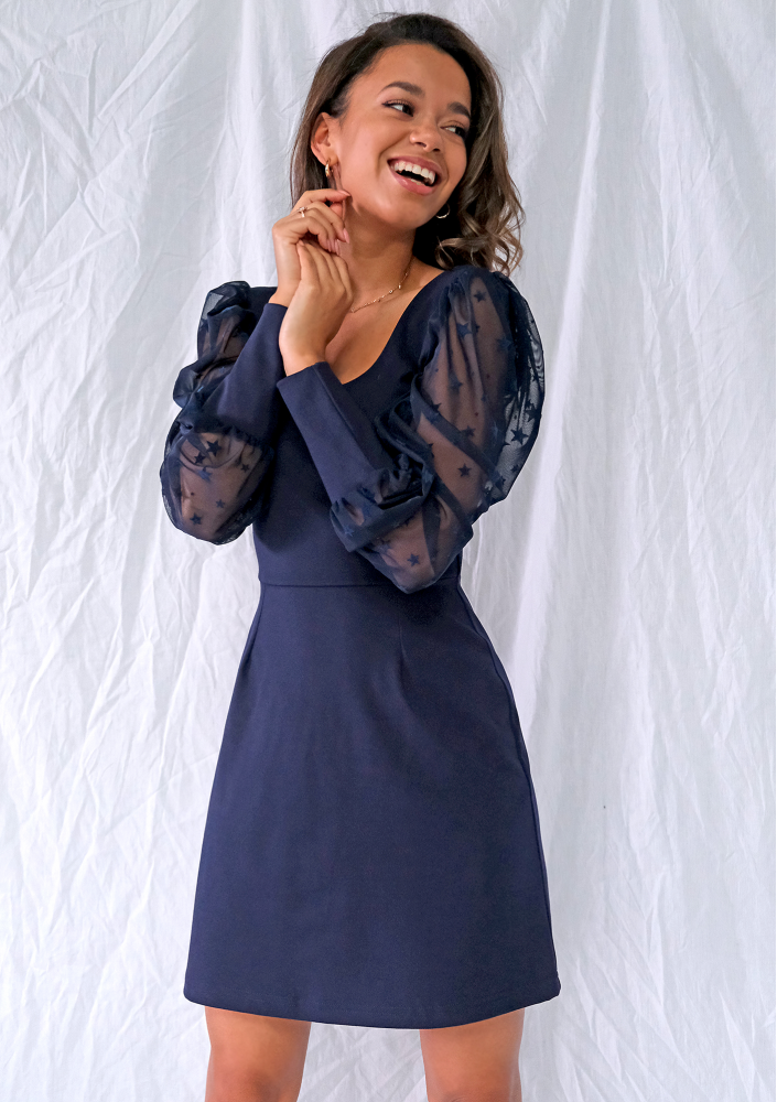 Sukienka z rękawem w gwiazdki Granatowa