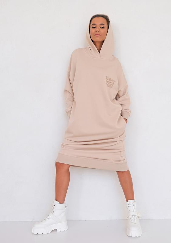 Sporty midi hooded dress Beige