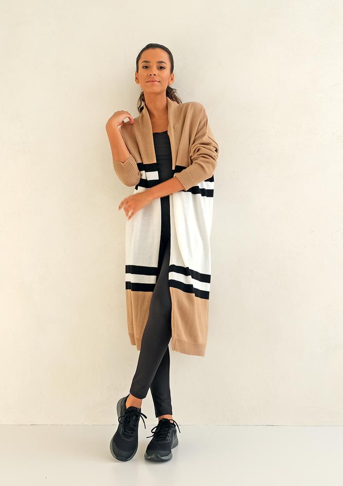 Long striped cardigan beige