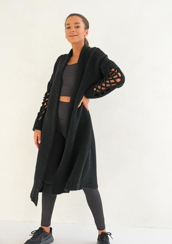 Long openwork black cardigan