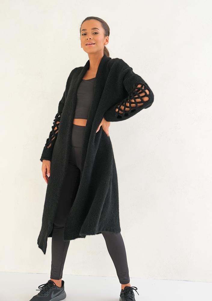Long openwork black cardigan