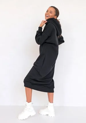 Sporty midi hooded dress Black