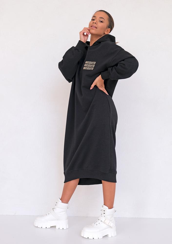 Sporty midi hooded dress Black