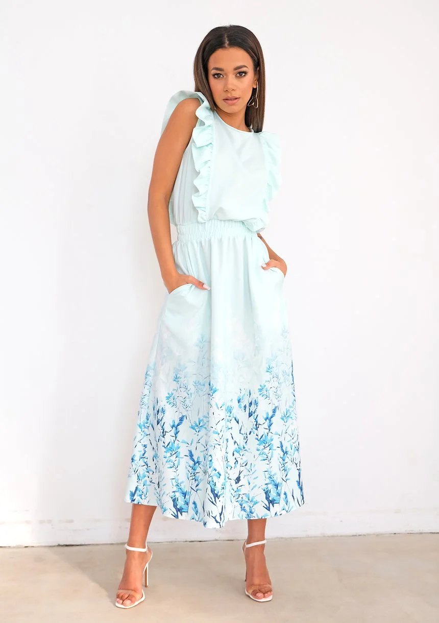 Midi minty dress with floral bottom