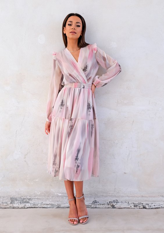 Midi chiffon dress with pink and grey print