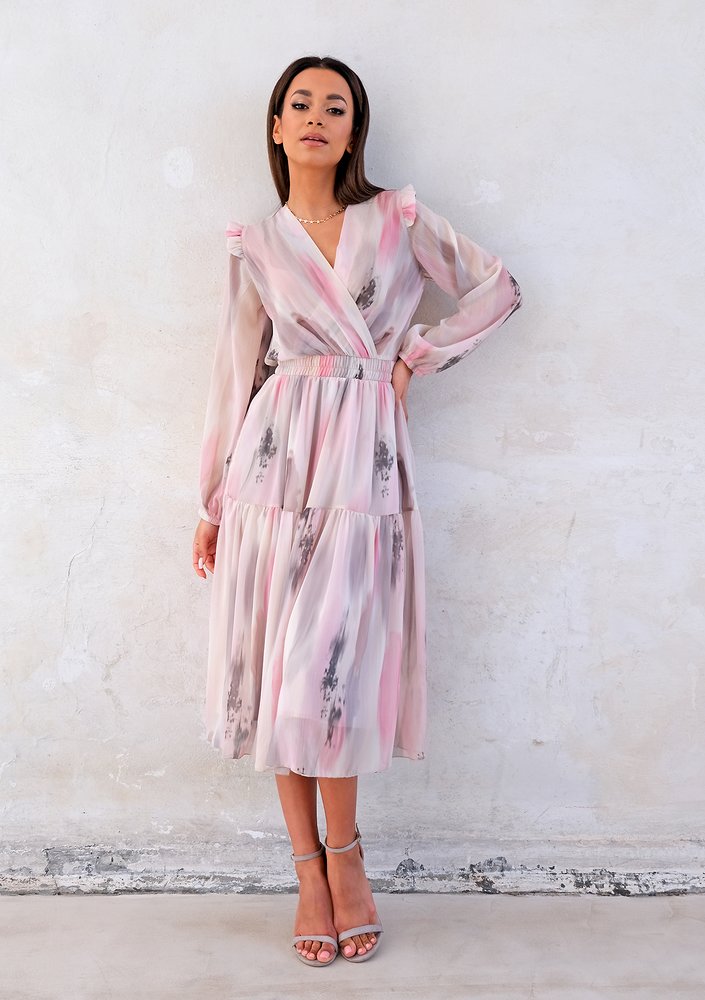 Midi chiffon dress with pink and grey print