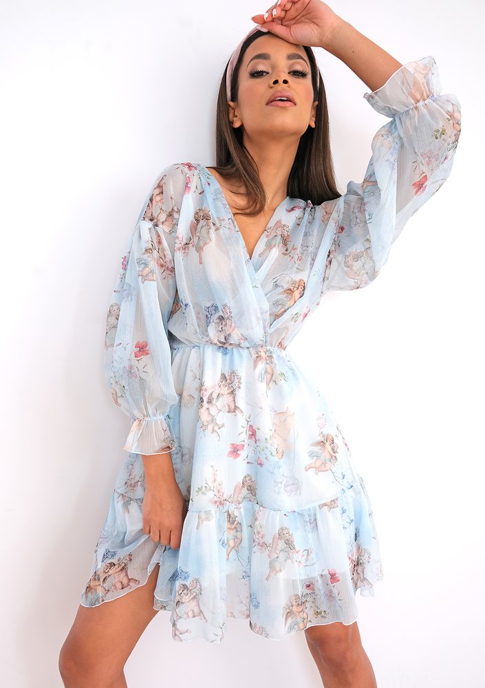 Blue chiffon dress angelic print