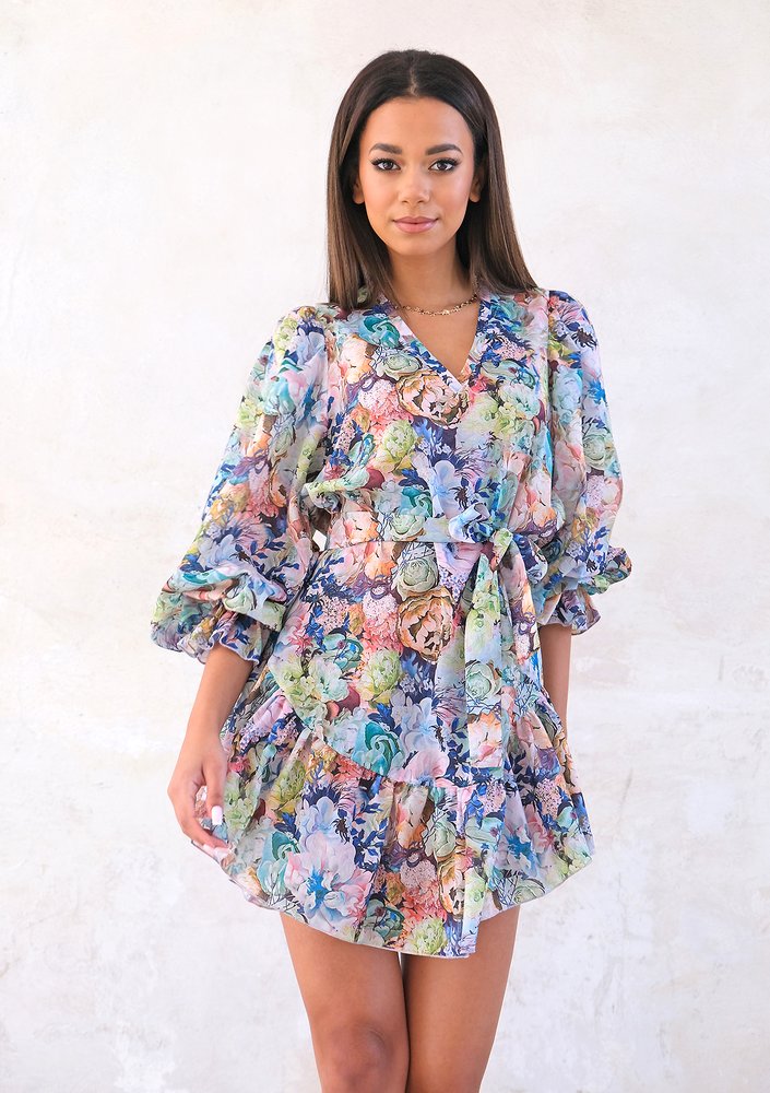 Mini flowers print dress with frills and tape