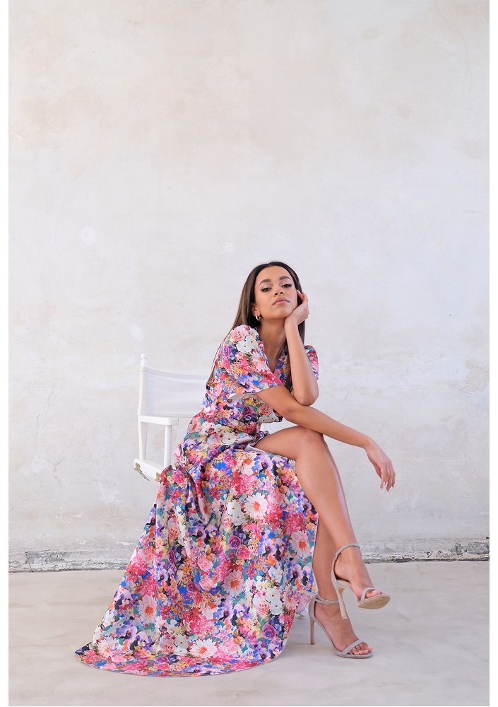 Flower Wrap Dress with asymetric skirt