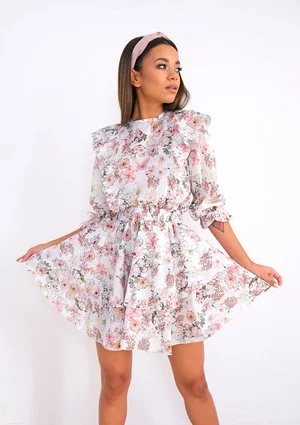 Mini dress with frills Pink Flowers