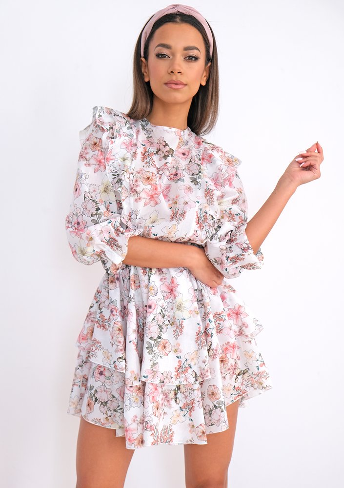 Mini dress with frills Pink Flowers