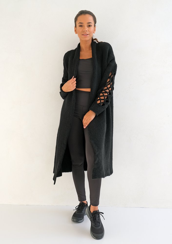 Long openwork black cardigan