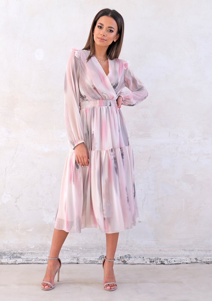 Midi chiffon dress with pink and grey print