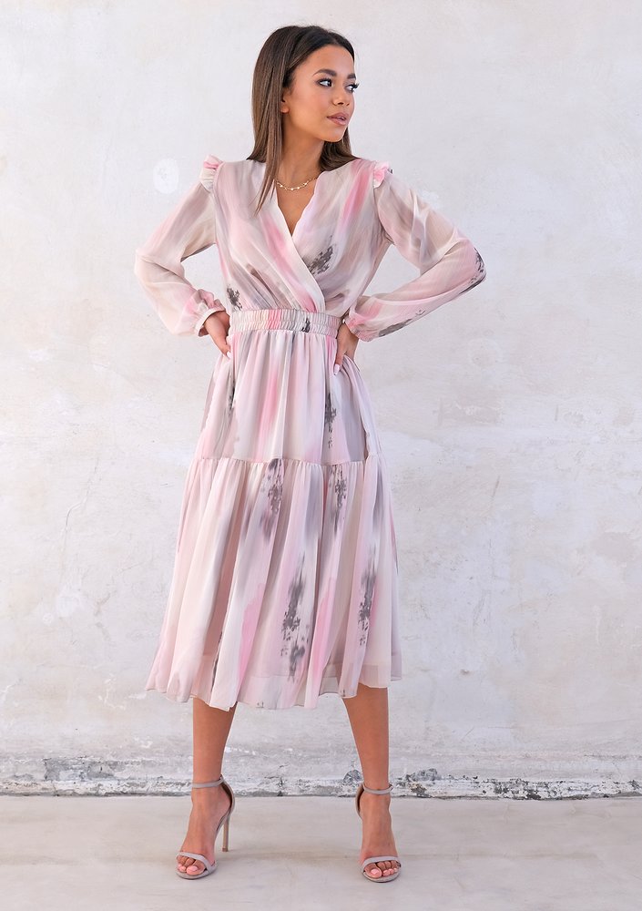 Midi chiffon dress with pink and grey print