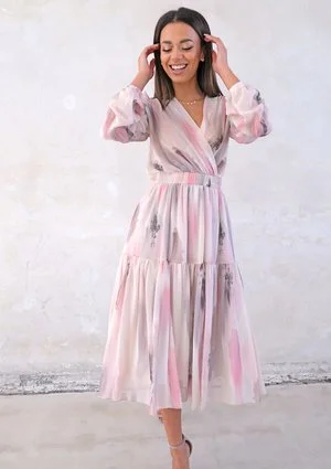 Midi chiffon dress with pink and grey print