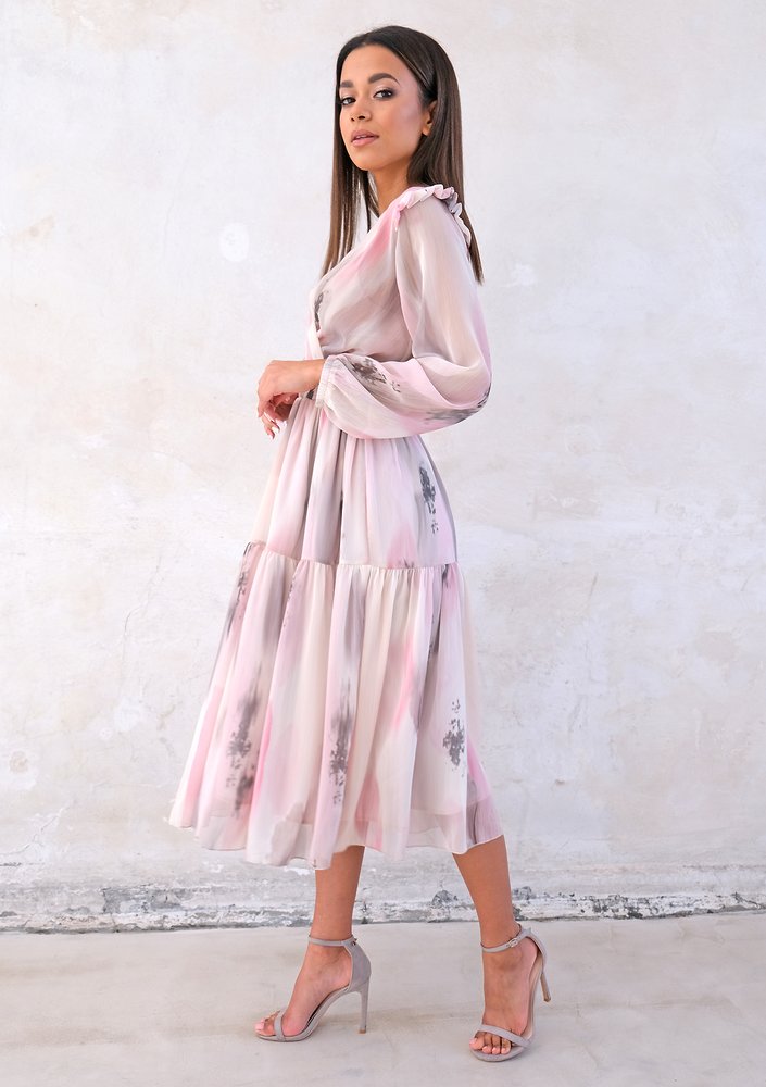 Midi chiffon dress with pink and grey print
