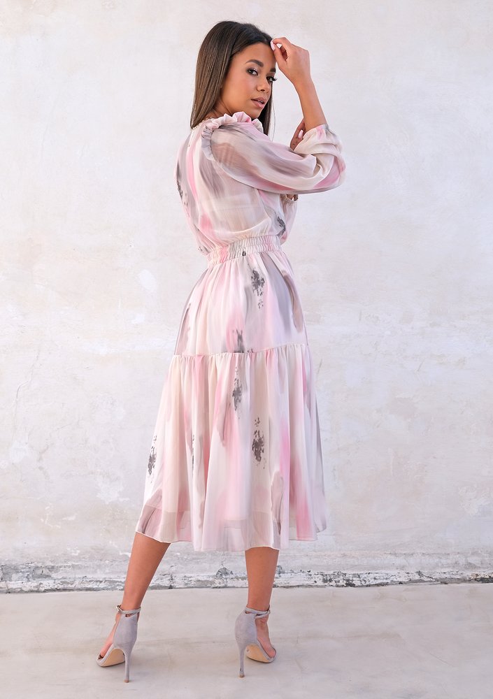 Midi chiffon dress with pink and grey print