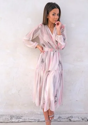 Midi chiffon dress with pink and grey print