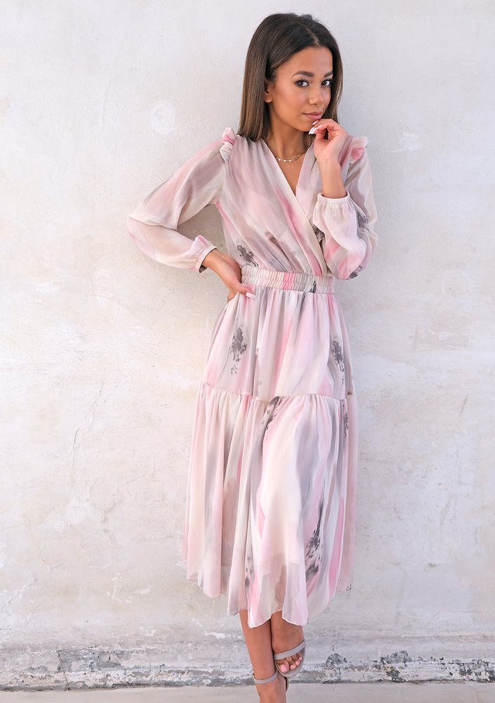 Midi chiffon dress with pink and grey print