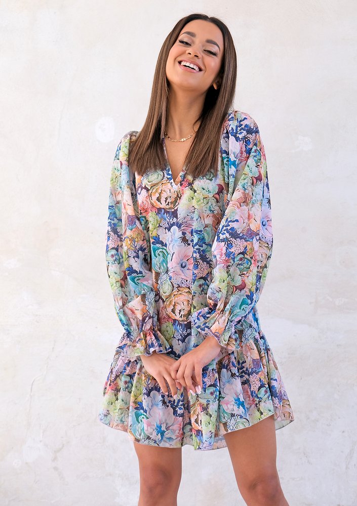 Mini flowers print dress with frills and tape