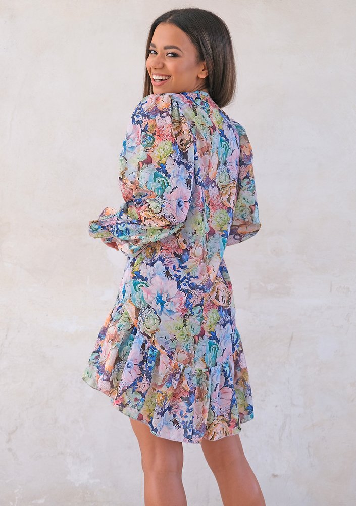 Mini flowers print dress with frills and tape