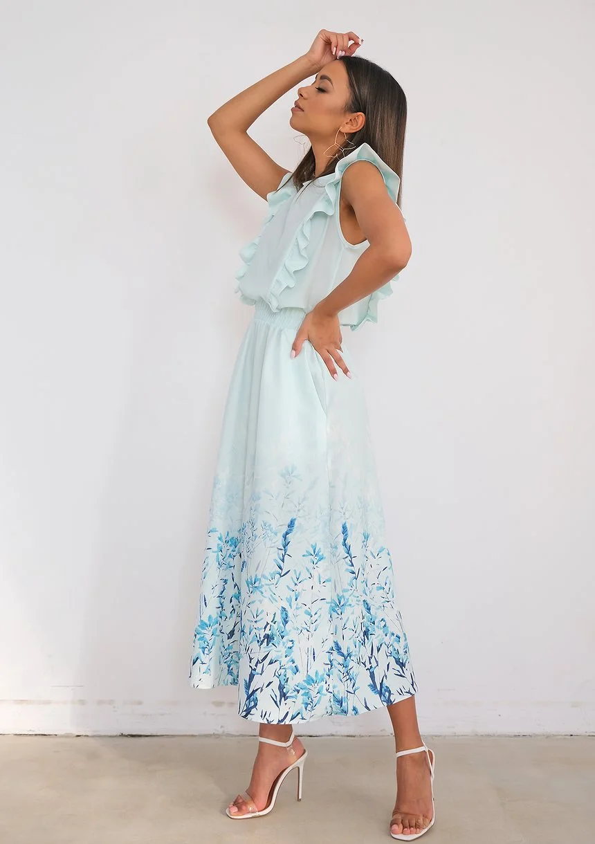 Miętowa sukienka midi z kwiatowym borderem