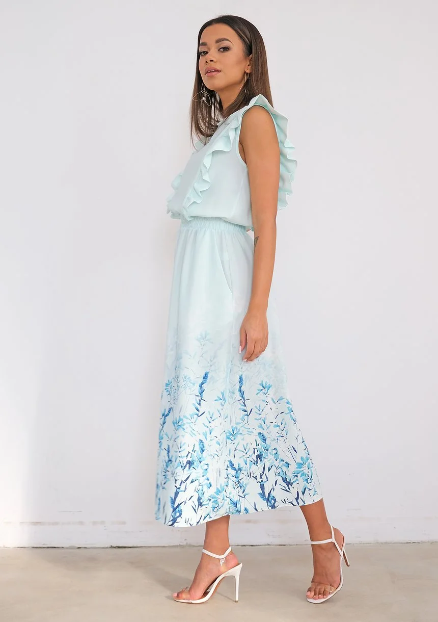 Midi minty dress with floral bottom
