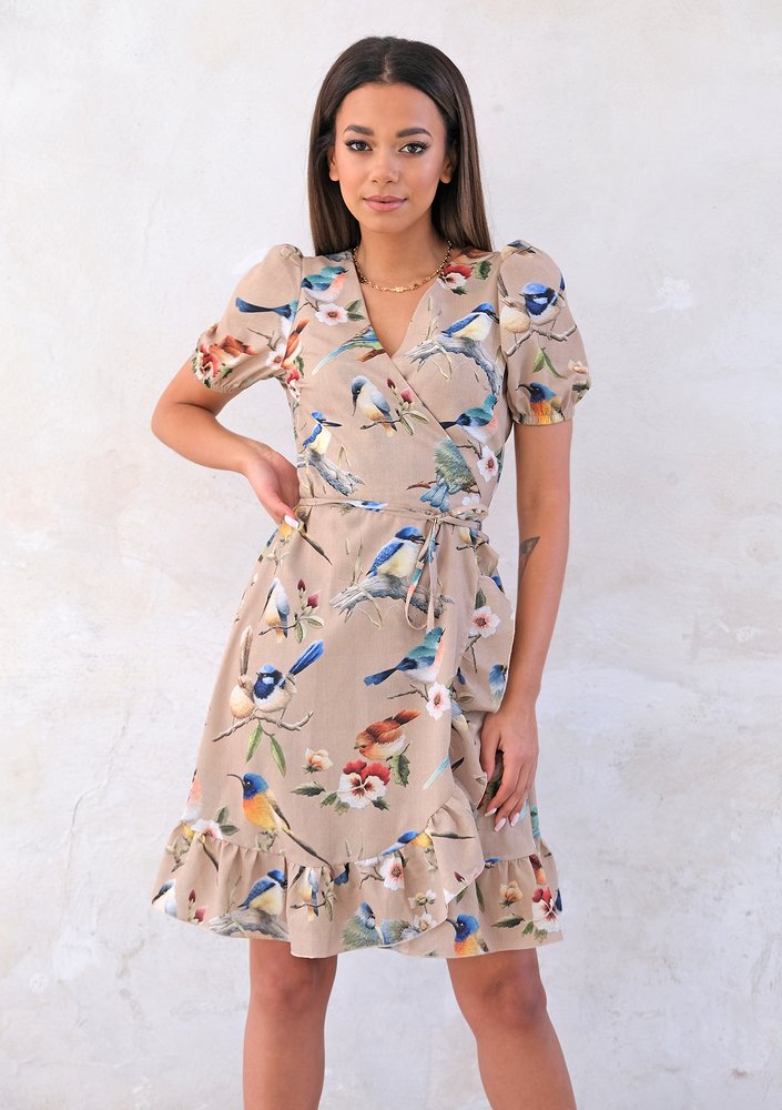 Beige Dress with frills Birds