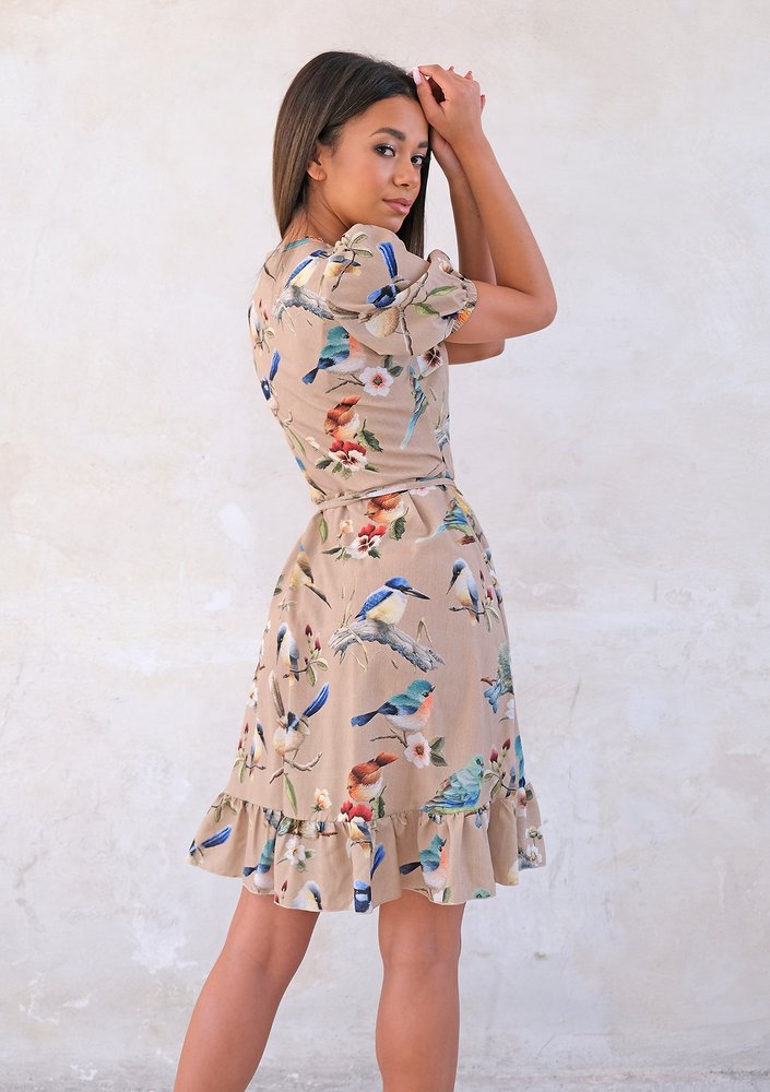 Beige Dress with frills Birds