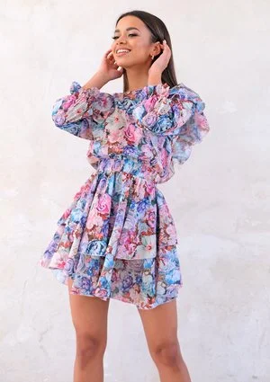 Mini dress with frills spring flowers print