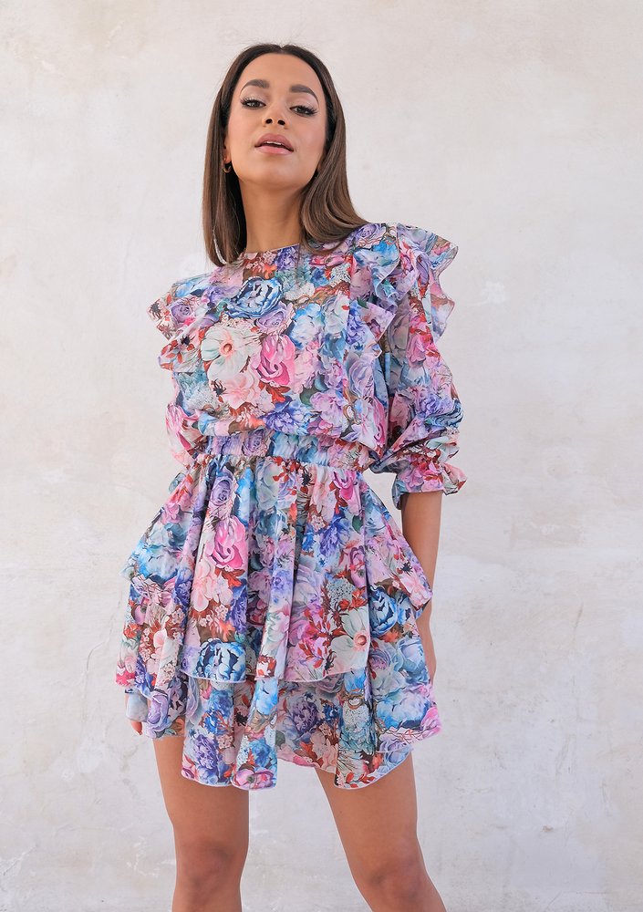 Mini dress with frills spring flowers print