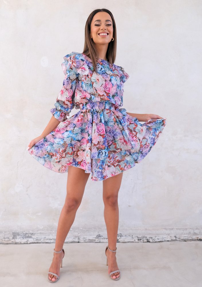 Mini dress with frills spring flowers print