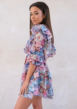 Mini dress with frills spring flowers print