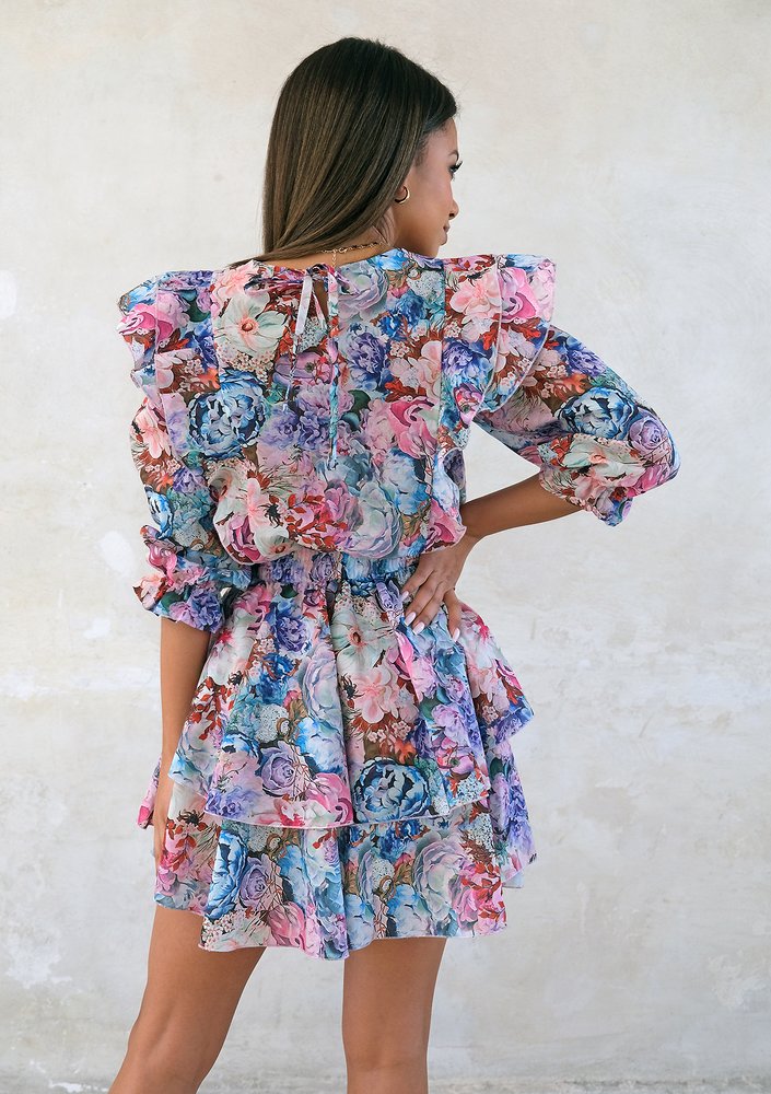 Mini dress with frills spring flowers print