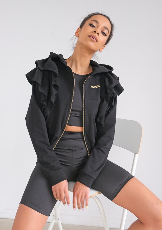 Black sweatshirt with frills and a zipper