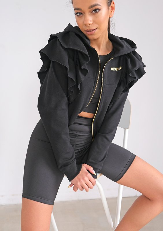 Black sweatshirt with frills and a zipper