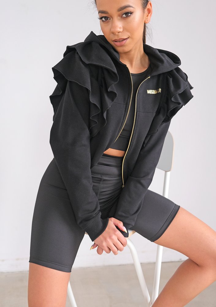 Black sweatshirt with frills and a zipper